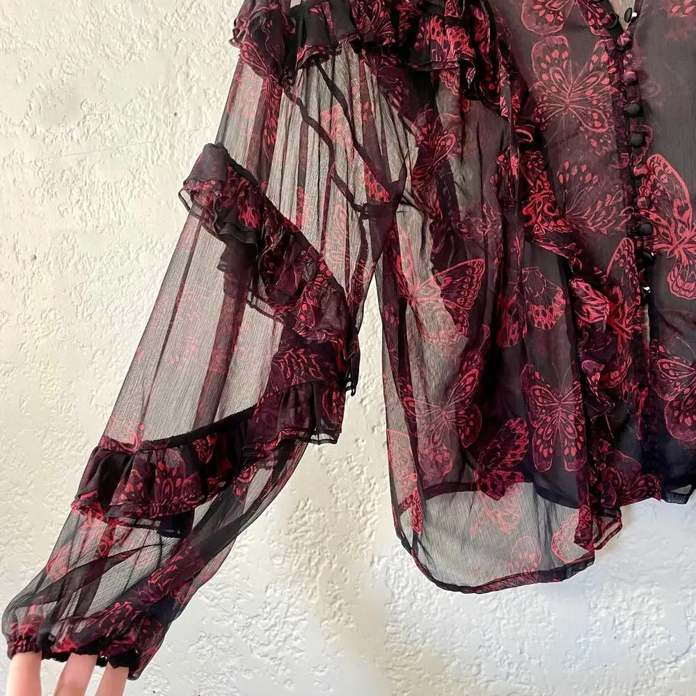 MISA Los Angeles Frida Butterfly Sheer Blouse Ruffle Puffy Sleeves sz XS X-Small - Picture 4 of 13